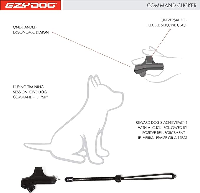 EzyDog Command Clicker Ergonomic Dog Training Tool with Wrist Strap - Hands Free & Universal Fitting System for Fingers Trains Effectively & Humanely with Positive Reinforcement (Black)