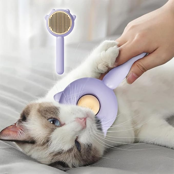 Cute Cat Ear Pet Brush – Self Cleaning Grooming Tool for Cats & Dogs – Light Purple