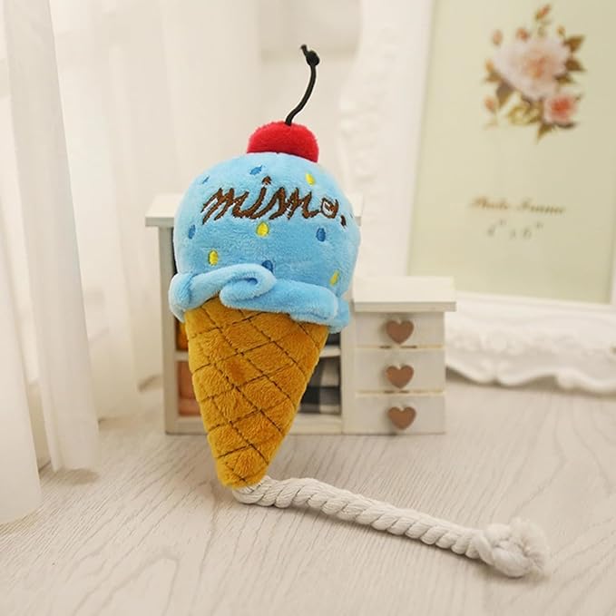 1pc Brown Blue Ice Cream Dog Squeaky Toys,Cute Puppy Chew Toys with Ropes,Add Interactive Dog Plush Toy for Small to Medium Dogs and Cats Pet Supplies,Toys