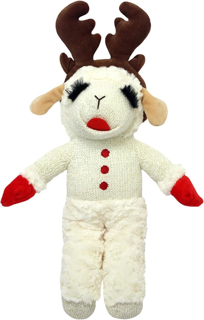 Multipet Holiday Lamb Chop with Reindeer Antlers Plush Dog Toy (13" Standing Lamb)
