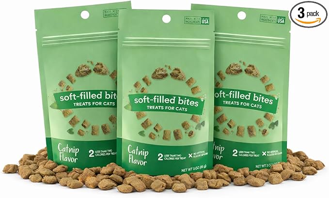 Catnip Cat Treats Crunchy Soft Filled Center Bites - Training Treats for Indoor Cats Kittens - Low Calorie Cat Snacks No Artificial Flavors Made in USA - 9 oz (Packaging May Vary)