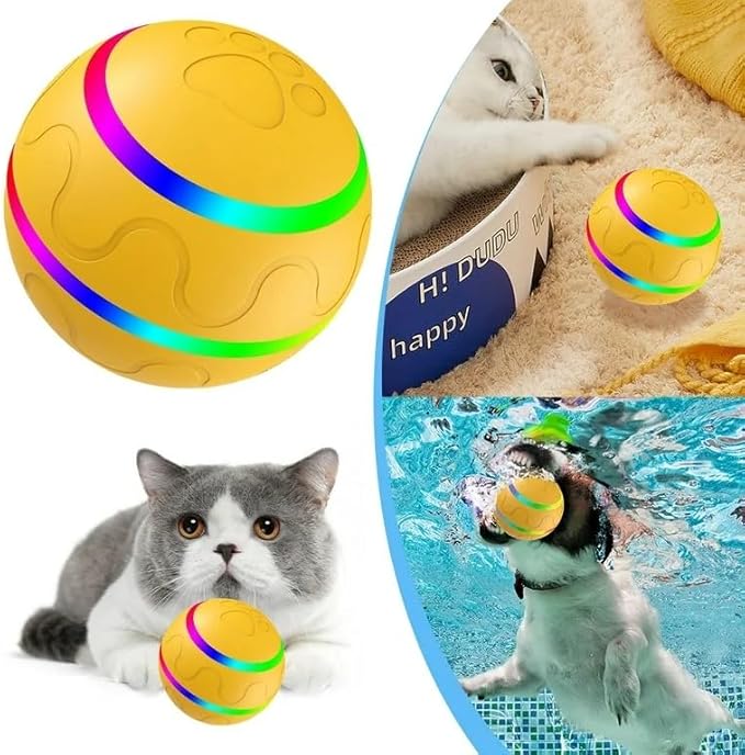 Interactive Pet Ball Toy with Remote Paw Controller, Yellow, Electronic Dog/Cat Entertainment, Self-Rolling, USB Rechargeable, LED Light-Up Pet Toy for Dogs & Puppies.