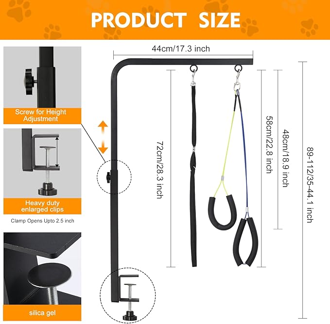 Dog Grooming Arm with Heavy-Duty Clamp, 28" to 44" Height, Adjustable Dog Grooming Table Arm with Hammock and No-Sit Holder, Grooming Restraint for Small Medium Large Dogs at Home or Salon
