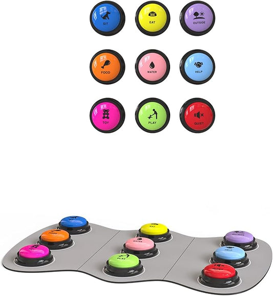 Acools Dog Buttons for Communication, 9 Pcs Recordable Talking Button Set with 30s Voice, Pet Training Buzzer Kit for Dogs and Cats, Waterproof Anti-Slip Mat, 48 Scene Stickers for Outside/Food/Play