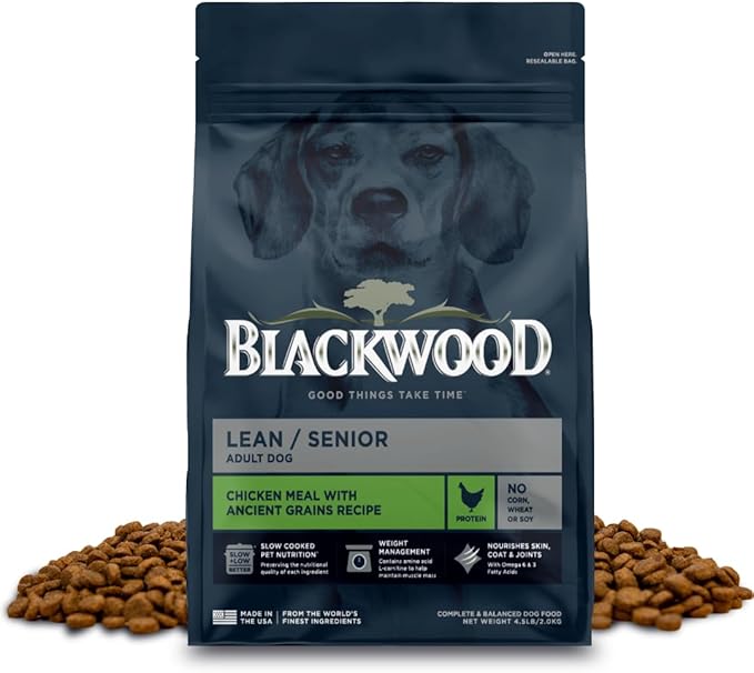 Blackwood Lean/Senior Dry Dog Food, Chicken Meal with Ancient Grains, 4.5 Pound Bag for Weight Management and Muscle Mass Maintenance
