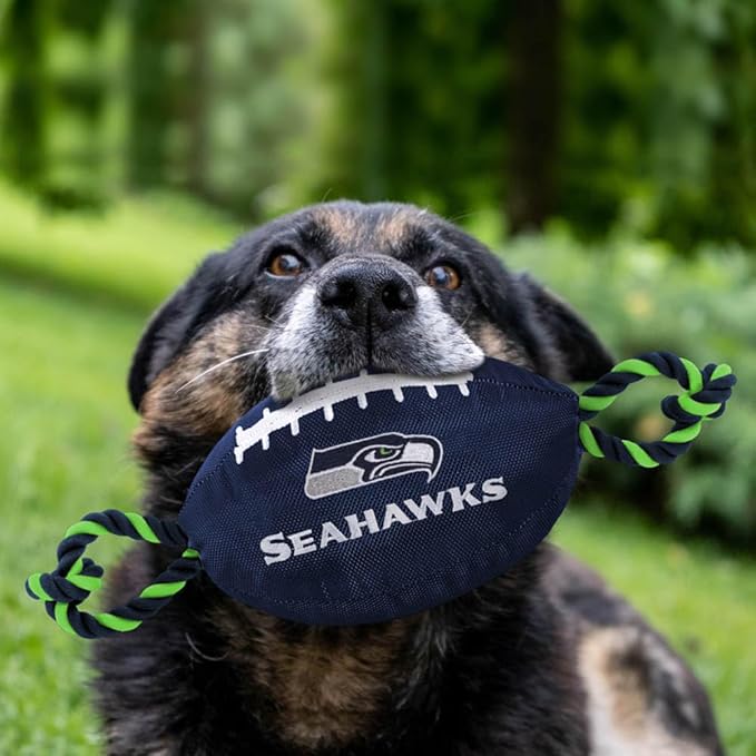 Pets First NFL Seattle Seahawks Football Dog Toy, Tough Quality Nylon Materials, Strong Pull Ropes, Inner Squeaker, NFL Team Color