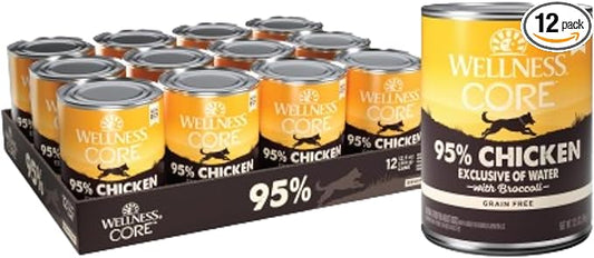 Wellness CORE 95% Adult Canned Wet Dog Food, Grain Free, Natural, Chicken and Broccoli Recipe, 12.5 oz, Pack of 12 Cans