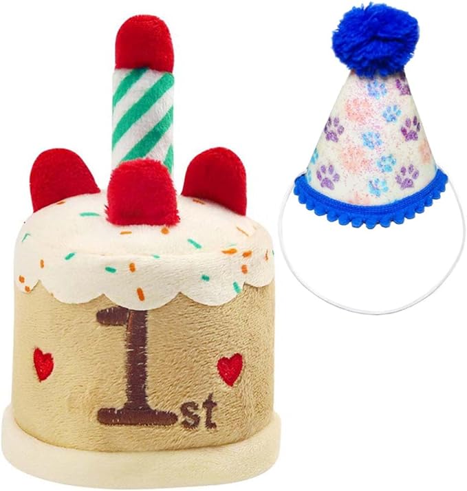 Cat Birthday Toy Kitten Cake with Birthday Hat Puppy Dog Plush Gift for Small Medium Pet (1 Year)