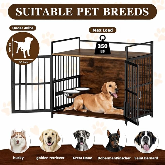 41 Inch Dog Crate Furniture for Large Dogs, Wooden Indoor Dog Cage with Double Doors, Built-in 360° Swivel Bowls, Comfortable Flat Floor, Rustic Style End Table Kennel