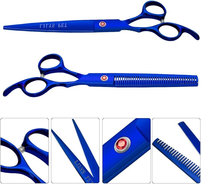 Professional PET DOG Grooming Coated Titanium scissors suit Cutting&Curved&Thinning shears (7.5 inches, Blue)…