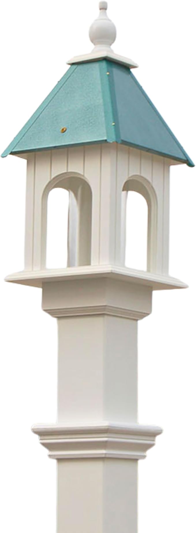 Camellia Bird Feeder with Decorative Mounting Post – Verdigris Roof, 2-Quart Capacity, White PVC Feeder & Vinyl Post with Ground Anchor for Garden, Yard & Backyard Birding