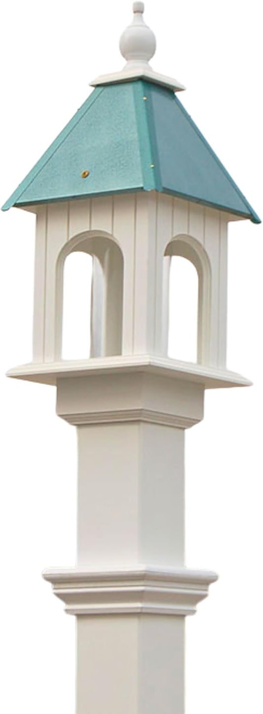 Camellia Bird Feeder with Decorative Mounting Post – Verdigris Roof, 2-Quart Capacity, White PVC Feeder & Vinyl Post with Ground Anchor for Garden, Yard & Backyard Birding