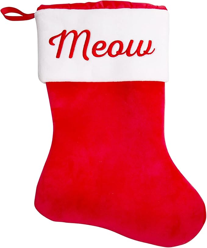Pearhead Meow Cat Christmas Stocking, Plush Red Pet Holiday Stocking with Sherpa Cuff, Classic Cat Stocking for Treats, Toys, and Pet Gifts