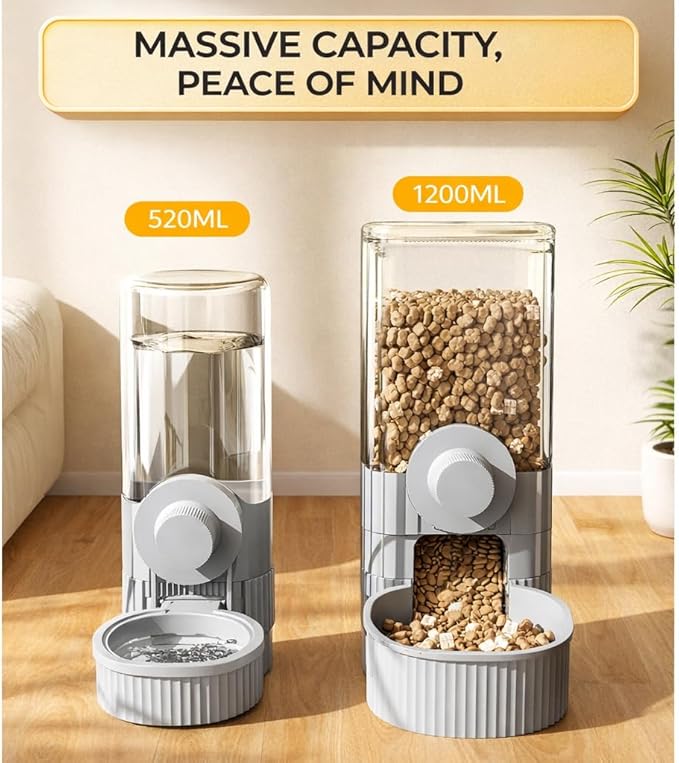 Hanging Automatic Food and Water Dispenser, Gravity Rabbit Feeder Set, Cage Cat Food Bowl Dog Feeding Station for Puppy and Kitten Rabbit Chinchilla Hedgehog Ferret (for Cage Grid Over 1.2”)