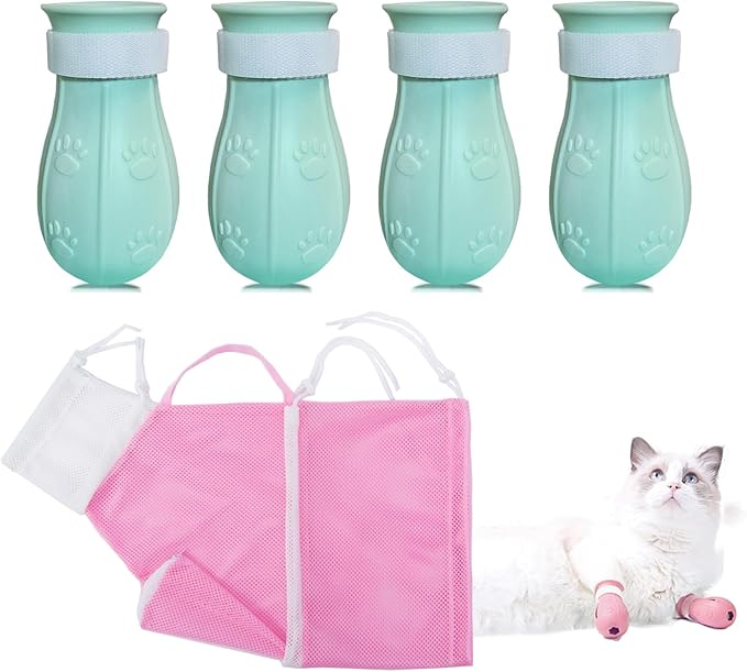 Anti-Scratch Silicone Cat Shoes, Adjustable Multifunctional Anti-Bite Shower Net Bag, Cat Grooming Mesh Bag, Pet Medical Shoes (Pink)