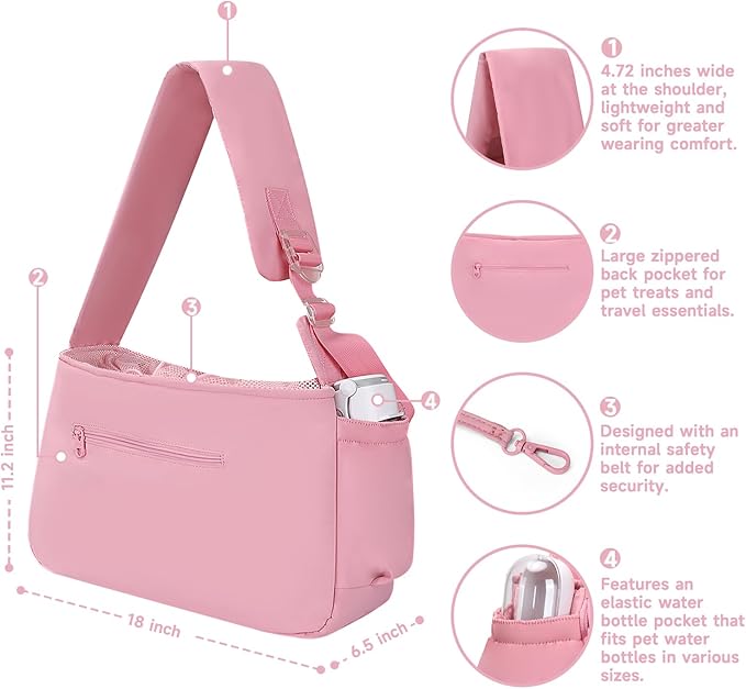 Dog Sling Carrier for Small Medium Dogs & Cats, Fits 7–18lbs, Soft Puffy Lightweight Pet Sling Carrier with Adjustable Padded Strap and Storage Pocket, Hands-Free for Travel, Hiking & Outdoor Pink