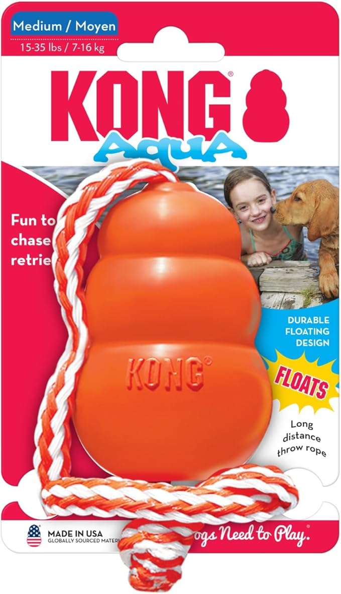 KONG Aqua Floating Fetch Toy - Dog Floating Toy for Water Retrieval, Play, Exercise & More - Natural Rubber Dog Toy with Foam Interior & Rope for Farther Throwing - Orange, for Medium Dogs
