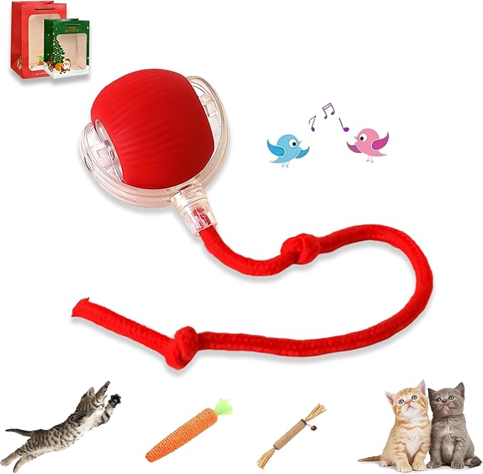 2026 New Generation Interactive Cat Toys Indoor, 360° Smart Automatic Cat Ball Three Modes with Long-Lasting Durability, for All Cats & Dogs (Red, Wake Birdsong)