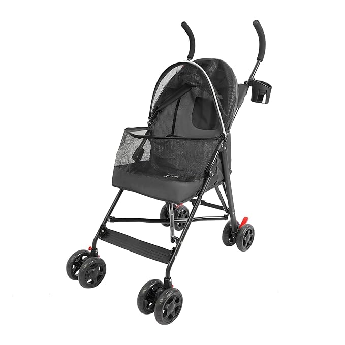 4-Wheel Pet Travel Stroller, Foldable & Lightweight Dog Cat Cage Jogger Stroller, Breathable and Visible Mesh for Small & Medium Dogs & Cats (Up to 22lbs) (Black)