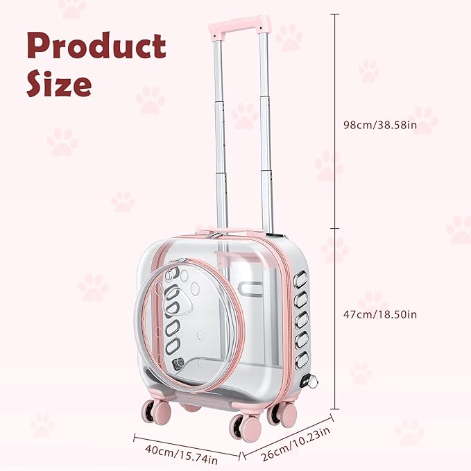 Cat Carrier Backpack with Silent Wheels, Clear Cat Stroller with Ventilation Holes, Telescopic Handle, Convenient Portable Cats Dogs Backpack for Travel (Light Pink-B)
