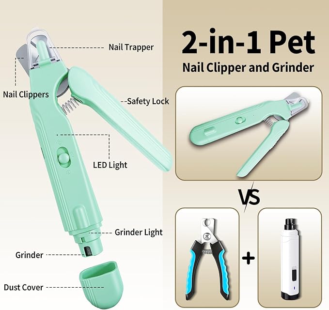 2-in-1 Dog & Cat Nail Clippers and Grinder with Light, Safety Guard, Painless Quiet Pet Nail Claw Trimmers, USB Rechargeable Pet Nail Trimmer, for Large Medium Small Dogs Cats Claw Trimmer, Green