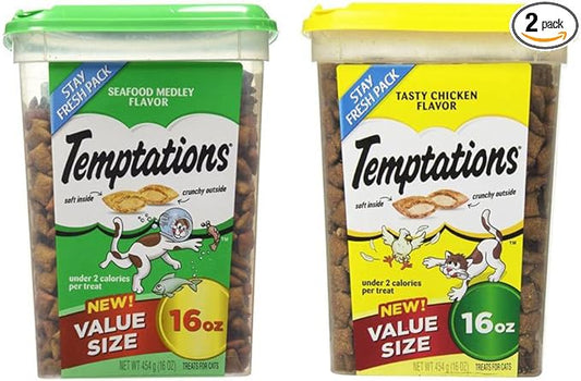 Temptations Treats for Cats Bundle: Seafood Medley (16 oz) and Tasty Chicken (16 oz)