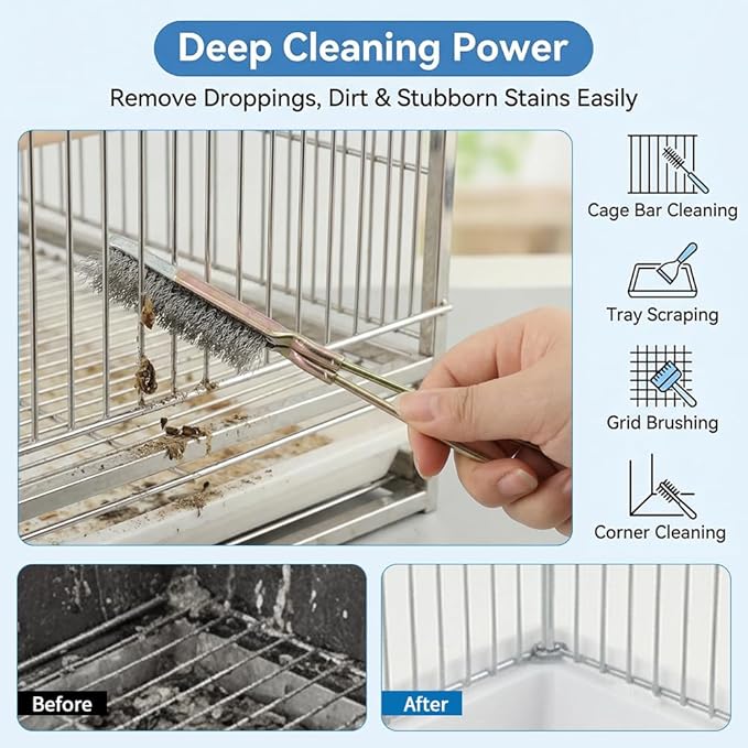 Bird Cage Cleaning Brush Kit, 4-Piece Multi Function Bird Perch Set, Includes Perch Brush, Mesh Brush and 3-in-1 Wire Brush, Bird Poop Remover Cleaning Tools Accessories for Small,Medium,Large,Tall