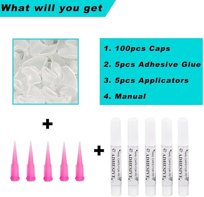 100pcs Cat Nail Caps Clear Cat Claw Covers Kitten Nail Caps with Adhesives and Applicators (M Clear)