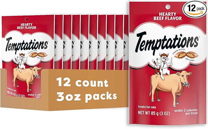 Temptations Classic Soft Cat Treats, Hearty Beef Flavor, Crunchy Cat Treats, 3 oz. Pouch (Pack of 12)