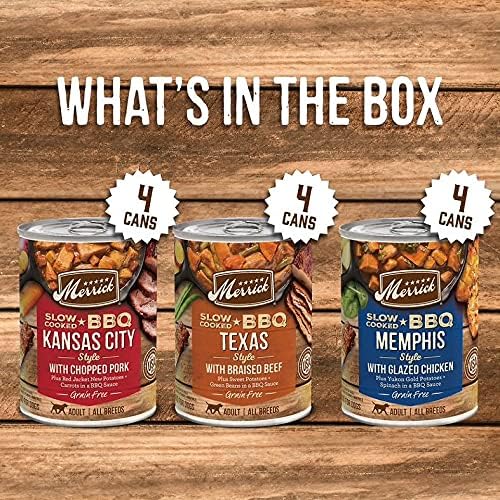 Merrick Slow-Cooked BBQ Premium Real Meat Canned Wet Dog Food Variety Pack, Beef, Chicken And Pork Recipes - (Pack of 12) 9.5 lb. Cans