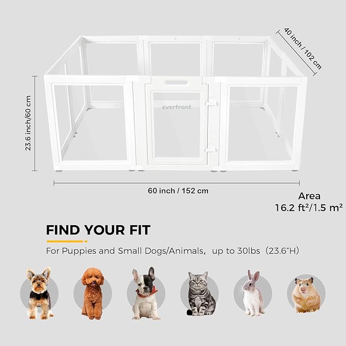 EVERFRONT Clear Acrylic Plastic Dog Playpen - Clear Dog Play Pen - Easy Assemble Acrylic Dog Playpen - Puppy Playpen, Cat Playpen, Small Animal Playpen, Dog Play Pen Indoors (White, 23.6“ H, 10PCS)