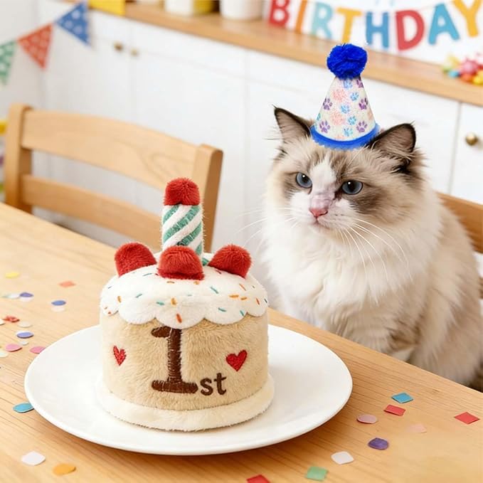 Cat Birthday Toy Kitten Cake with Birthday Hat Puppy Dog Plush Gift for Small Medium Pet (1 Year)