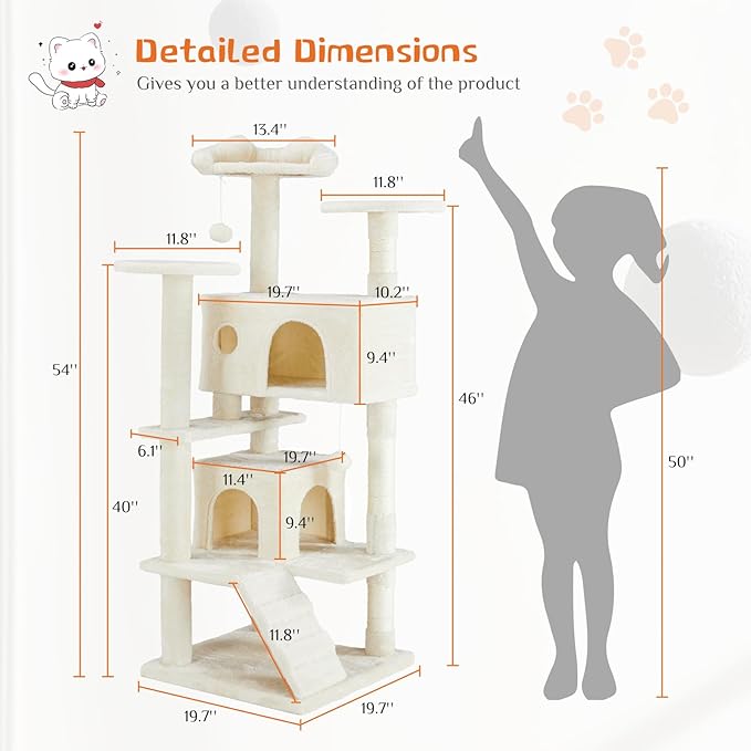 54 Inches Cat Tower Condo Furniture, Cat Tree for Indoor Cats, Cozy Hammock and Sisal Scratching Posts, Multi-Level Durable Cat Tree for Kittens Pet House Play, Detachable, Beige