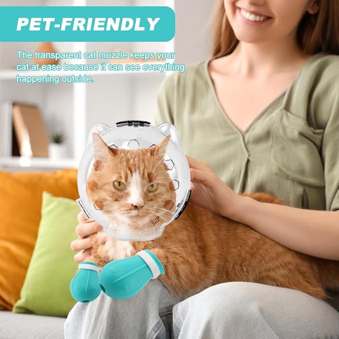 Cat Muzzle for Grooming, Adjustable Breathable Transparent Cat Astronaut Helmet with 4 Silicone Paw Shoes for Bath Nail Trimming (L)