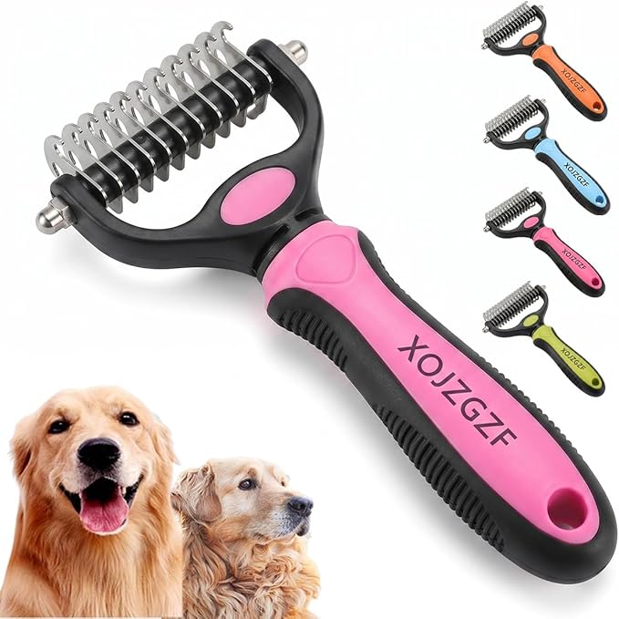 Professional Deshedding Tool for Dogs & Cats, Pet Pro Grooming Tools, Indoor Cat Double-Sided Brush Rake, Pets Hair Remover Shedding, Long Haired Dog Brushes, Undercoat Combs Supplies(Pink-S)