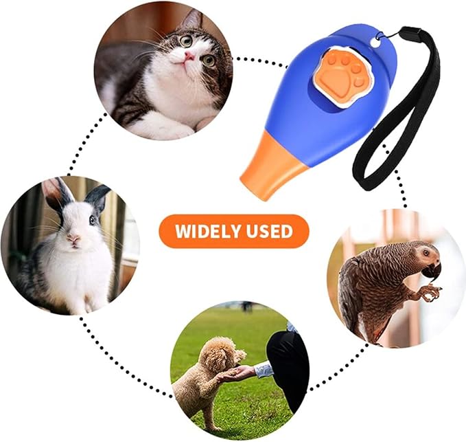 Perwin Dog Training Clicker with Whistle and Wrist Strap - Positive Behavior Reinforcer for Pets - All Ages, Puppy and Adult Dogs - Use to Reward and Train - Dog Whistle Included (Blue)
