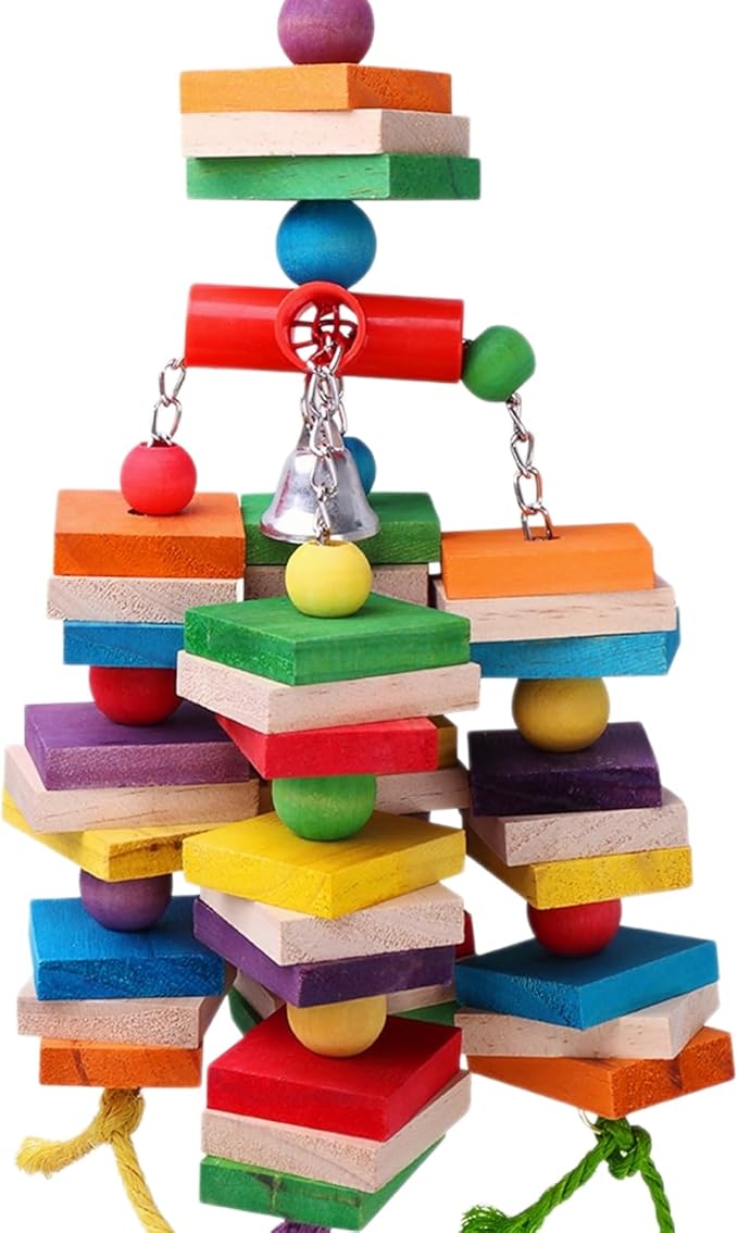 Cockatiel Toys,Natural Wood Bird Toys - 13.7" Interactive Shredding and Chewing Toy for Conures & Parakeets, Small to Medium Parrots Foraging Toys for Cage with Red Pipe & Silver Bell, Beak Health
