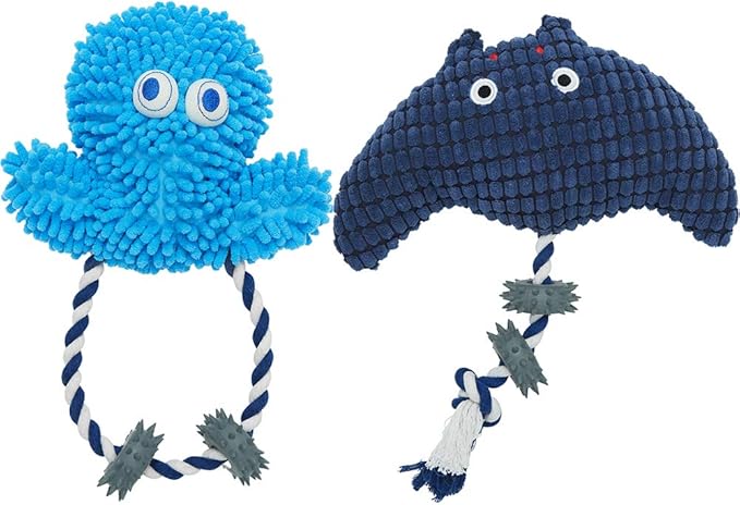Blueberry Pet Pack of 2 Durable Interactive Squeaky Plush Tugging Rubber Dog Chew Toys Rope Toy for Puppies & Small Dogs, 13 2/5" Manta Ray + 12 3/5" Jellyfish