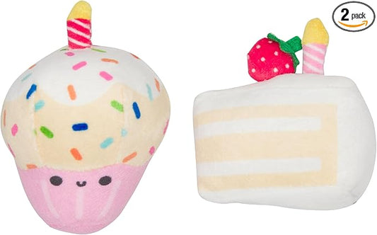 Pearhead Happy Birthday Cake Cat Toy Set, Stuffed Birthday Cake and Cupcake Cat Toys with Catnip and Squeakers, Interactive Fun Kitten Toys, Pet Owner Pet Birthday Gift, Ideal for Cat Lovers, Set of 2