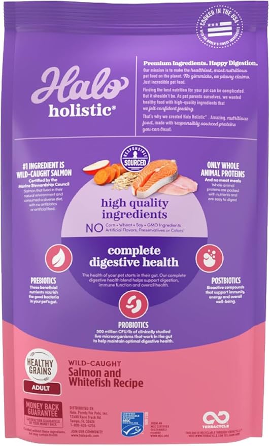 Halo Holistic Dog Food Wild Caught Salmon & Whitefish Formula, Healthy Grains Dry Dog Food, Complete Digestive Health, Kibble for Adult Dogs, 10 lb Bag