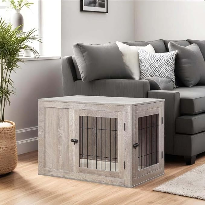 unipaws 36 Inch Furniture Style Dog Crate for Medium Dogs, Indoor Puppy Kennel with Door, Modern Decorative Wood Wire Pet Cage, Pretty Cute End Side Table Nightstand, Weathered Grey