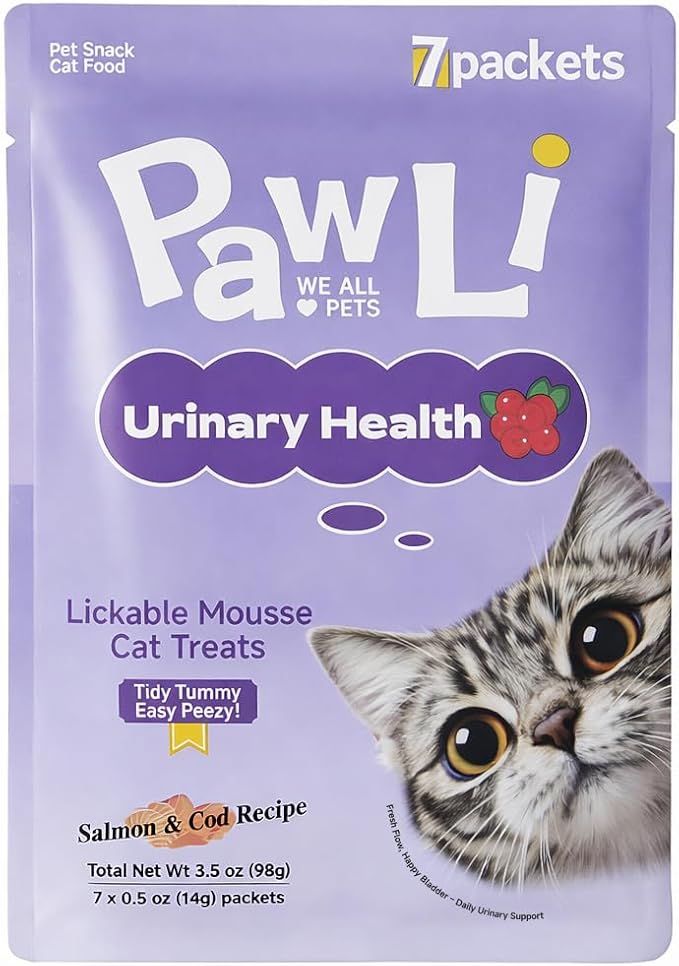 PAWLI Urinary Health Lickable Cat Treats, Squeeze Cat Treats for Urinary Tract Support, Cat Treats with Cranberry, Grain-Free, 7 Count (3.5 oz Total)