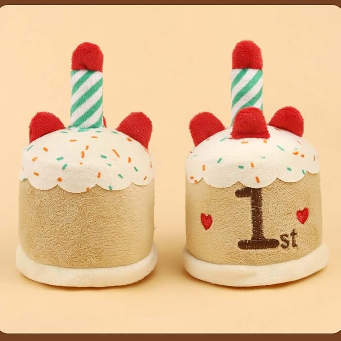 Cat Birthday Toy Kitten Cake with Birthday Hat Puppy Dog Plush Gift for Small Medium Pet (1 Year)