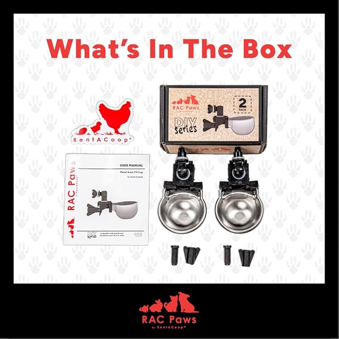 Rac Paws by RentACoop DIY Auto-Fill Metal Cup Waterer Kit - Great for Small Animals, Pets, Bunnies, Ferret, Chickens, Hamsters, Guinea Pigs, Rabbits, Chinchillas, Mice, Rats - 2 Pack