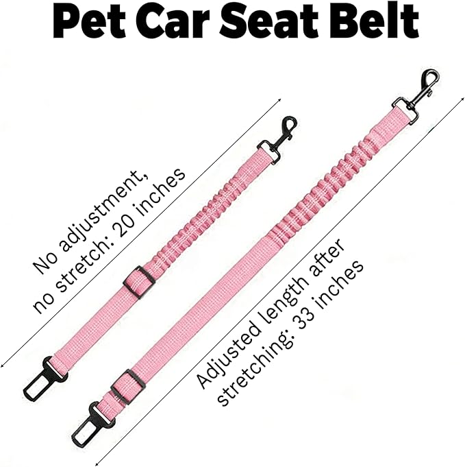Dog Seat Belt for Car Adjustable Dog Safety Belt Leash, 2 in 1 Latch Bar Attachment Dog Car Seatbelt with Elastic Nylon Bungee Buffer, Reflective Nylon Belt Tether Connect to Dog Harness 19-32in(Pink)