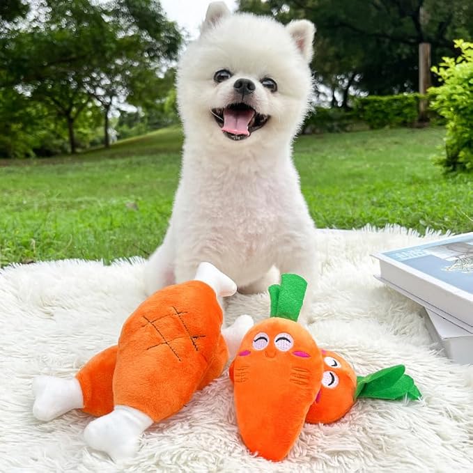 2 Pcs Soft Puppy Pet Supplies, Cute Orange Carrot Plush Chew Squeaker Sound Squeaky Toys for Dog Cat Birthday Xmas Gifts