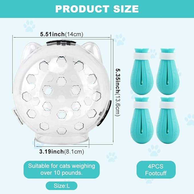 Cat Muzzle for Grooming, Adjustable Breathable Transparent Cat Astronaut Helmet with 4 Silicone Paw Shoes for Bath Nail Trimming (L)
