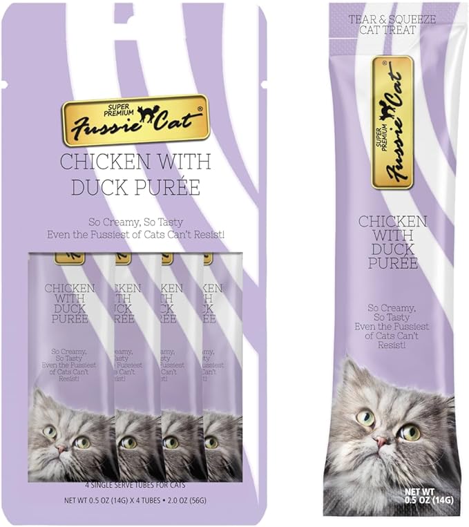 Fussie Cat Premium Puree Lickable Cat Treats in Chicken Puree, 4 Flavors, 4 Packs of 4-0.5oz Tubes (16 Total Tubes) +Spoon