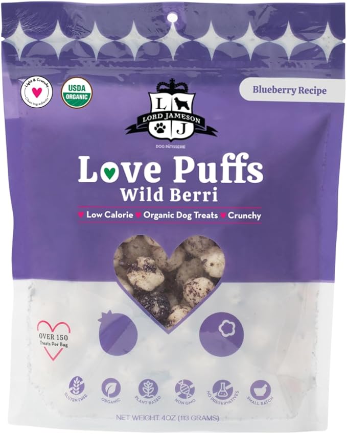 Lord Jameson Wild Berri | Light & Crunchy Love Puffs Collection | Organic Dog Treats, Blueberry Recipe, Gluten-Free, Preservative-Free, USDA Certified Organic. Made in USA