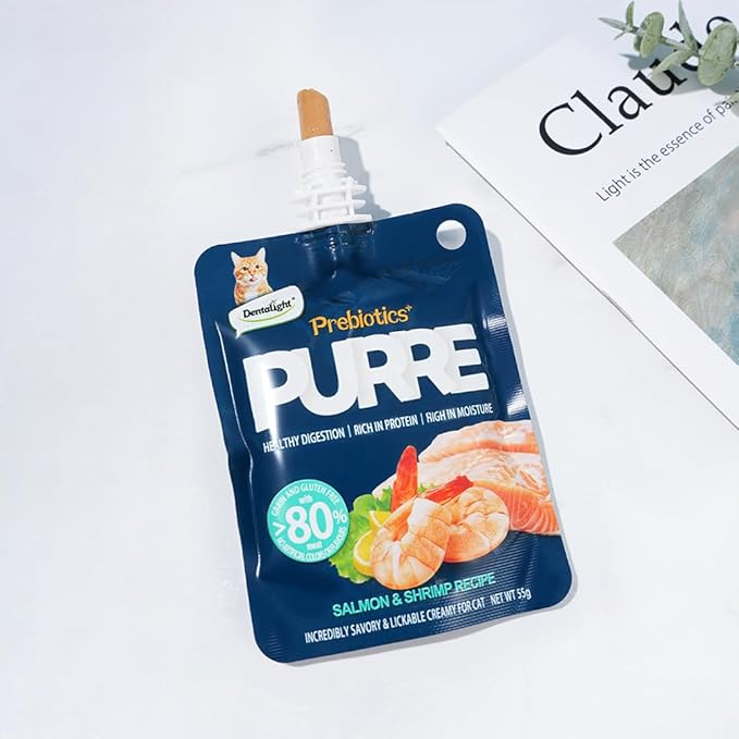 Prebiotics Purre Lickable Wet Cat Treat, Tuna & Crab Recipe, High in Probiotics, Calcium and Fish Oil, No Additives, (55gx2, Salmon & Shrimp)